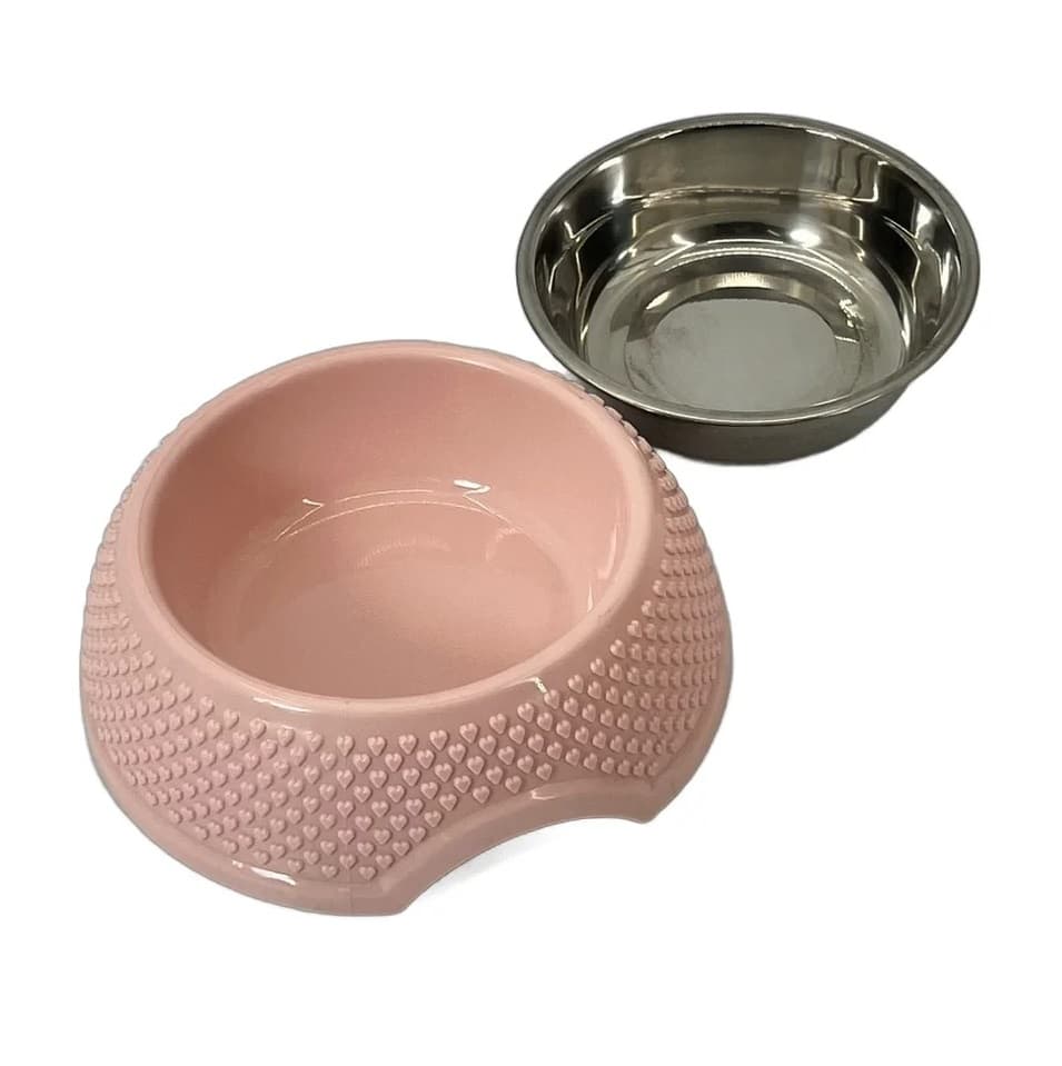Bol pentru hrană câini și pisici cu interior inox detașabil, culoare roz, diametru 14cm, separat