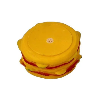 Jucărie rezistentă pentru câini formă de hamburger cu sunet – cauciuc colorat, vedere sus