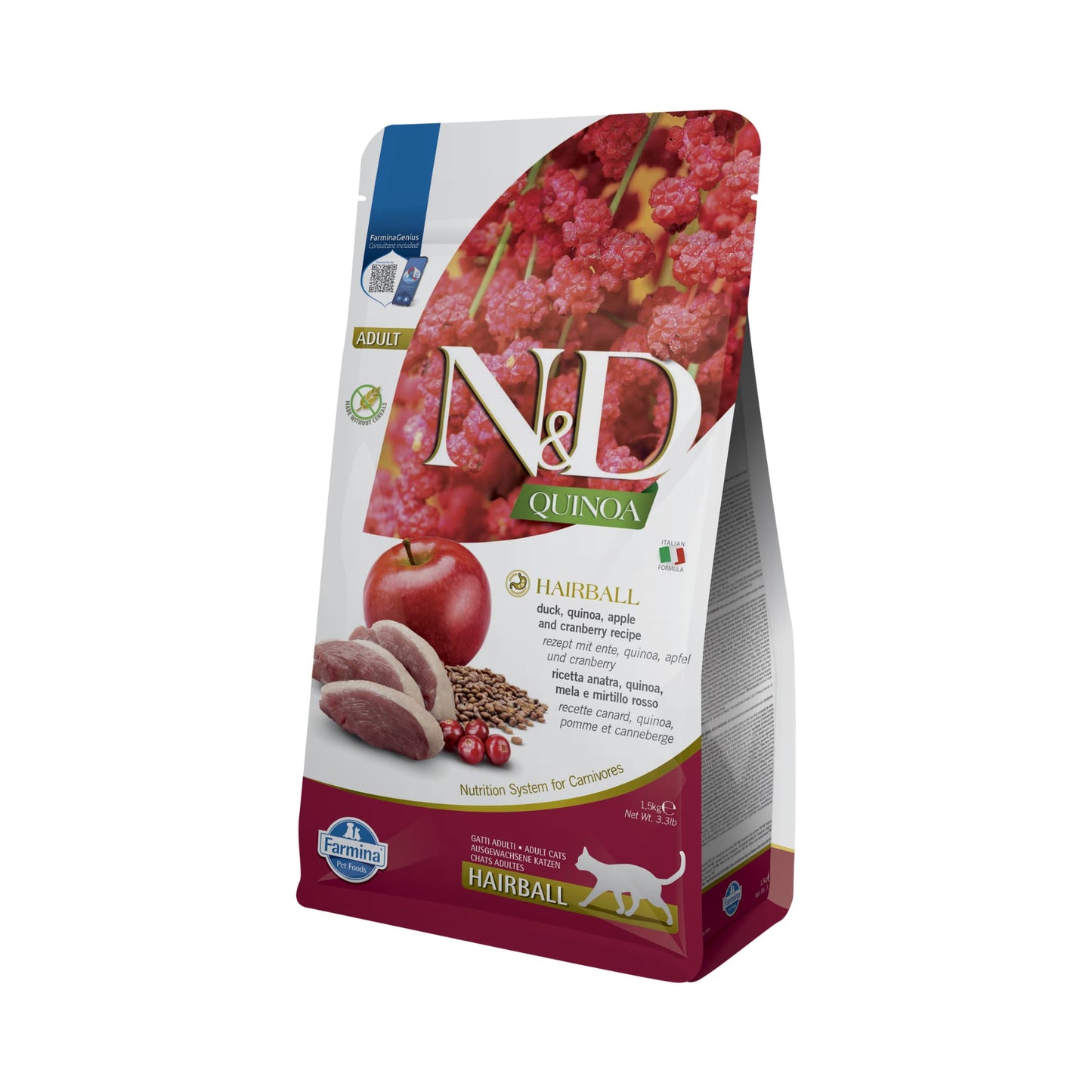 Farmina N&D Quinoa, Rață și Merișoare, Adult Cat Hairball 1.5 KG
