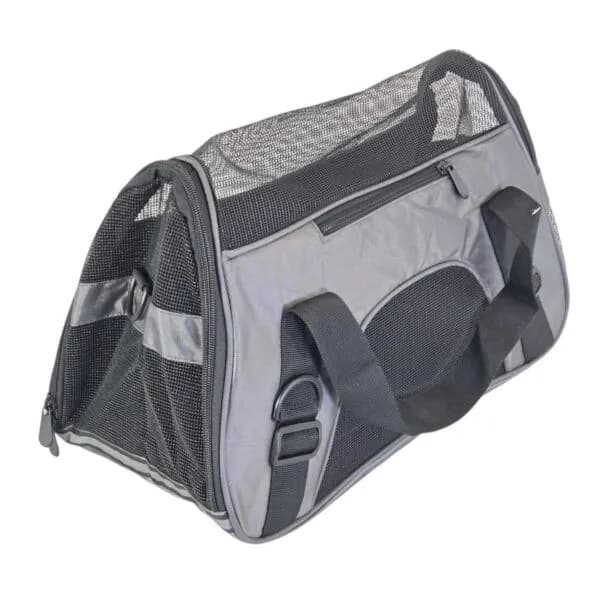 Geantă transport animale de companie gri cu plasă ventilație și curea de umăr reglabilă