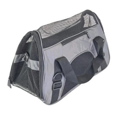 Geantă transport animale de companie gri cu plasă ventilație și curea de umăr reglabilă