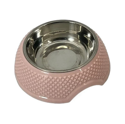Bol pentru hrană câini și pisici cu interior inox detașabil, culoare roz, diametru 14cm