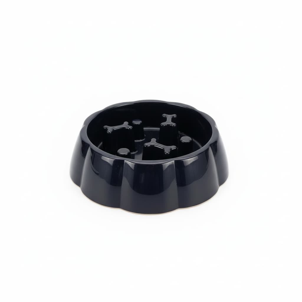 Bol slow feeder negru câini, lateral, obstacole os, diametru 18cm – PETIVO