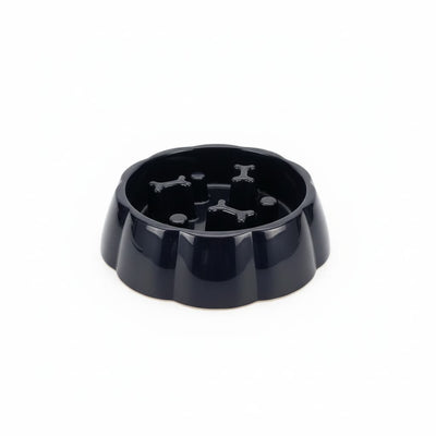 Bol slow feeder negru câini, lateral, obstacole os, diametru 18cm – PETIVO