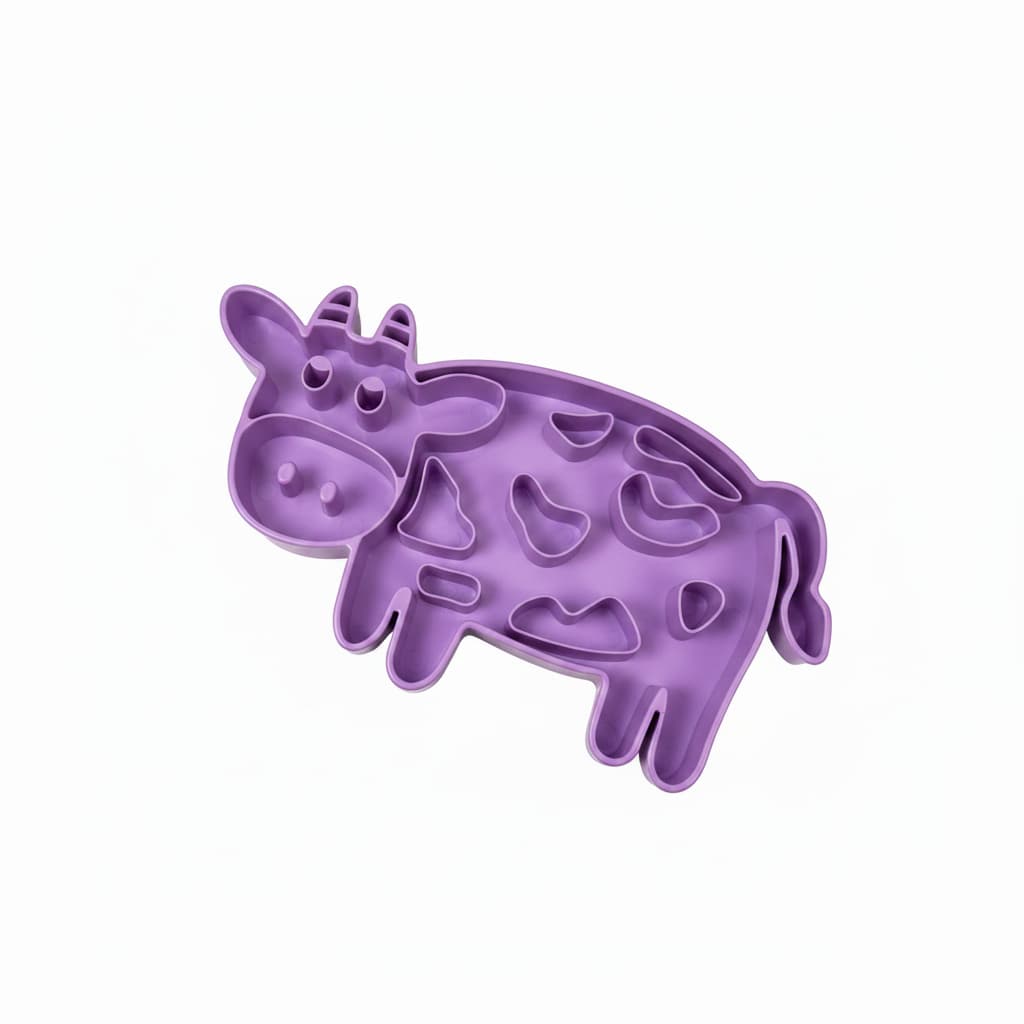 Bol slow feeder câini design vacă culoare mov, plastic food safe, anti-înghițire rapidă