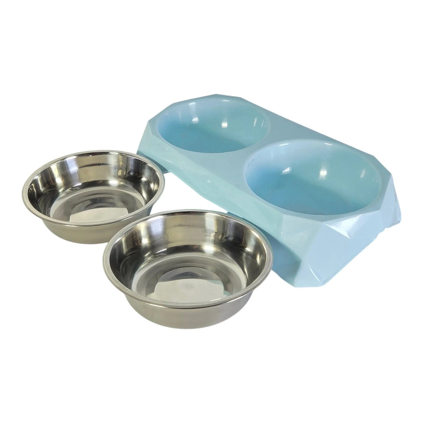 Set hrănire dublu câini pisici – suport tip diamant bleu cu 2 boluri din inox detașabile
