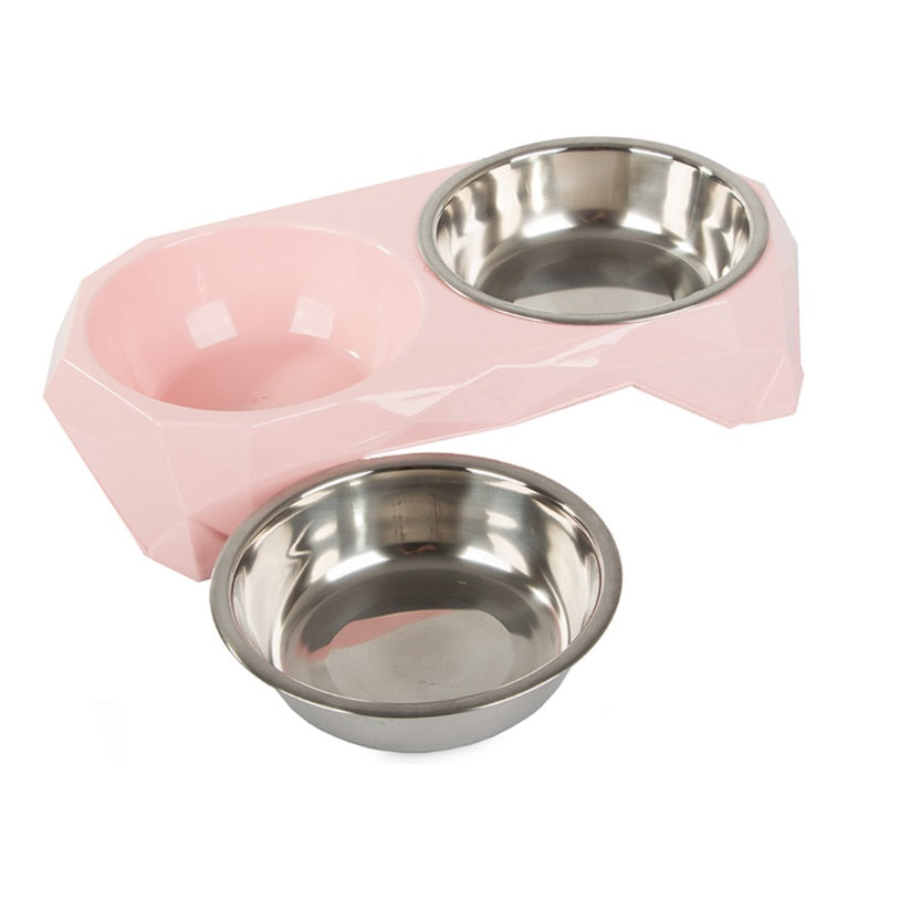 Set hrănire dublu câini și pisici – suport tip diamant roz cu 2 boluri din inox detașabile
