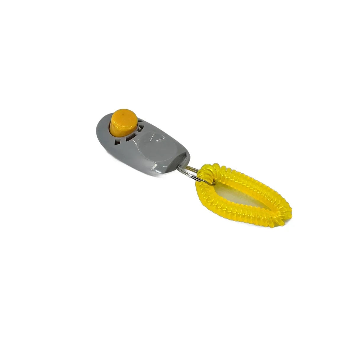 Clicker dresaj cu bandă spiralată pentru câini – culoare galbenă, buton cu clic sonor
