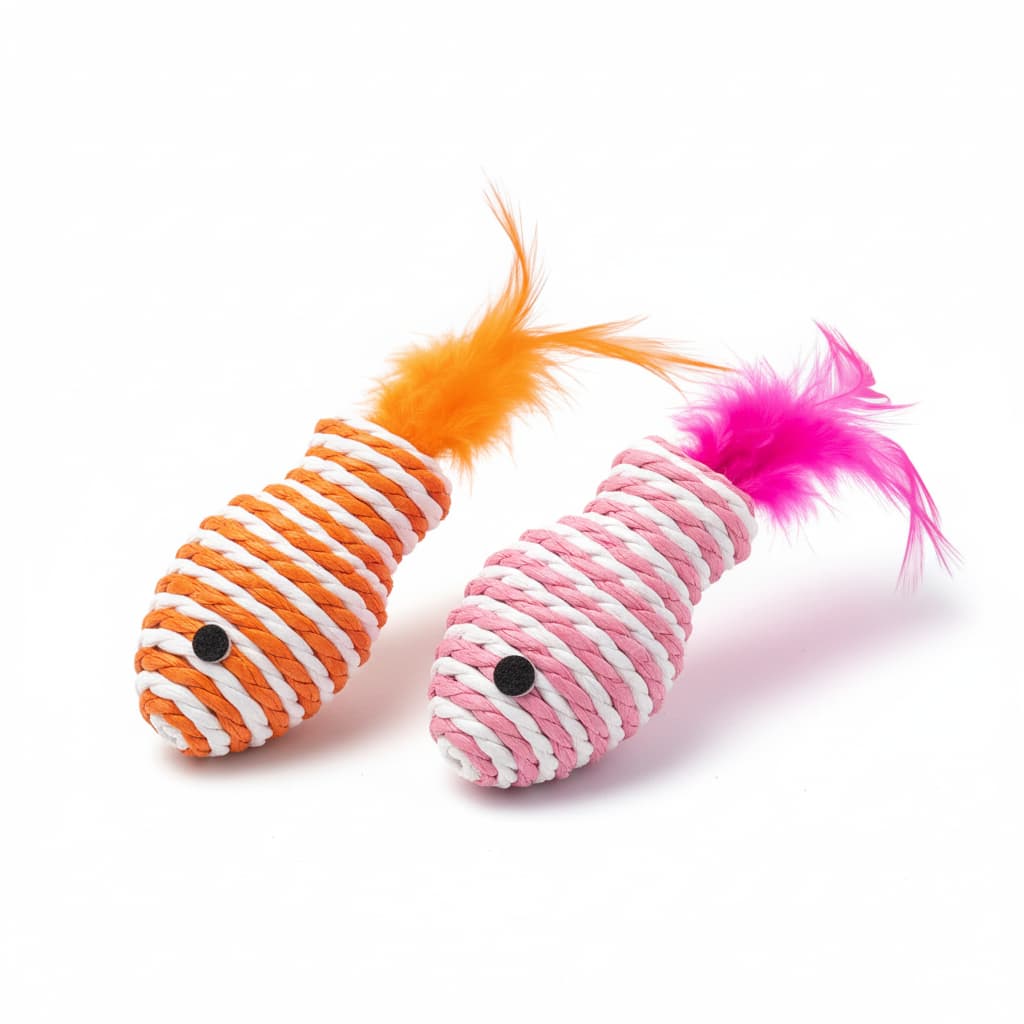 Set 2 jucarii pesti sfoara cu pene pisici stimuleaza instinctul vanatoare 9cm – PETIVO
