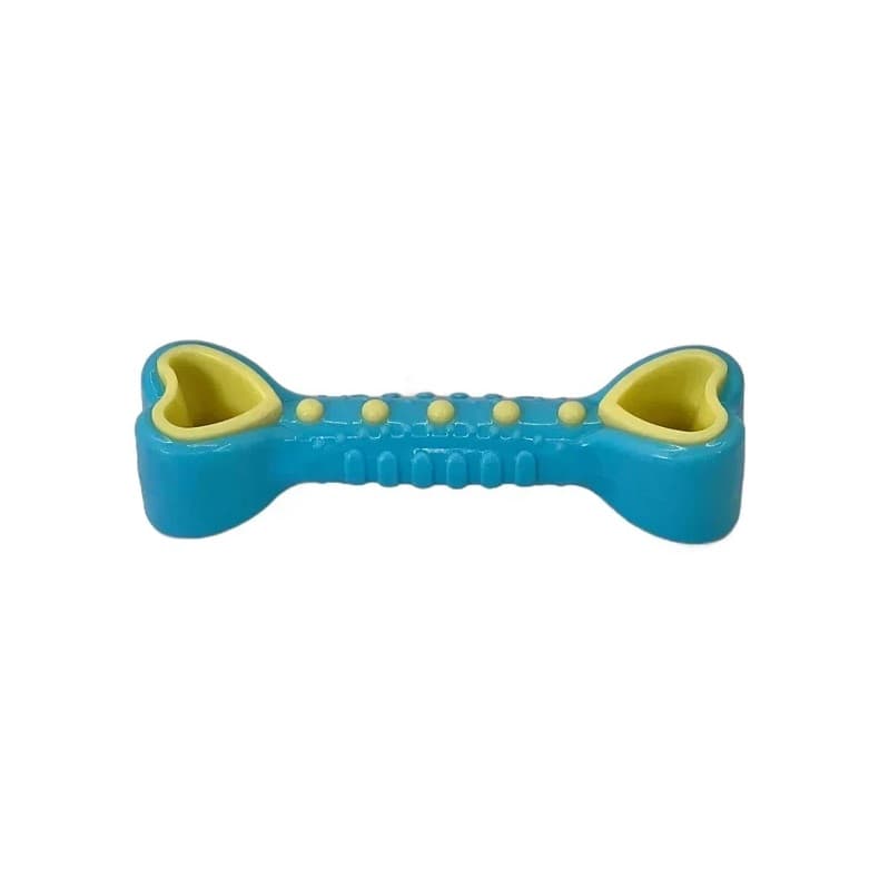 Jucărie pentru câini în formă de os cu inimi, culoare albastru, material rezistent, lungime 14cm