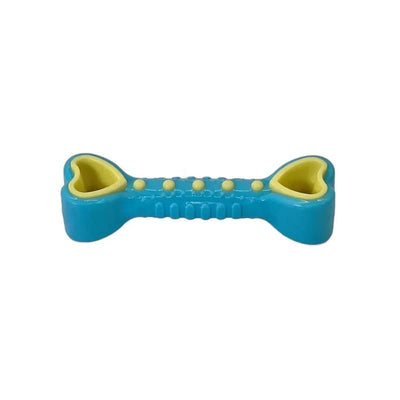 Jucărie pentru câini în formă de os cu inimi, culoare albastru, material rezistent, lungime 14cm