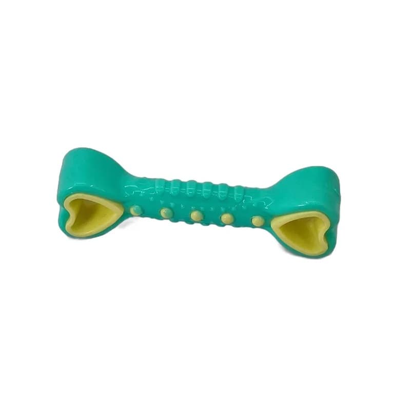 Jucărie pentru câini în formă de os cu inimi, culoare turcoaz, material rezistent, lungime 14cm