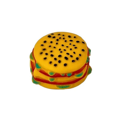 Jucărie rezistentă pentru câini formă de hamburger cu sunet – cauciuc colorat, vedere față
