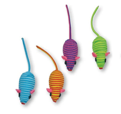 Jucărie pentru pisici – șoricel din nylon 5 cm, set 4 culori albastru, mov, portocaliu și verde
