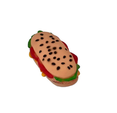 Jucărie rezistentă pentru câini formă de sandwich cu sunet – cauciuc colorat, vedere față
