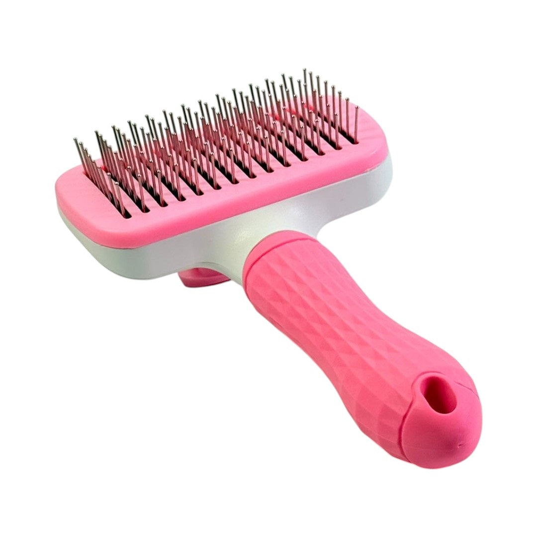 Perie metalică câini pisici – vedere laterală mâner ergonomic
