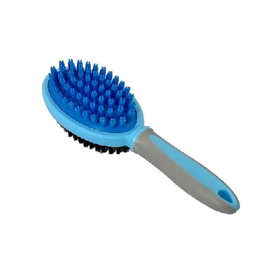 Perie dublă de masaj și curățare pentru animale – mâner ergonomic albastru, peri cauciuc și față moale

