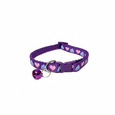 Zgarda ajustabila pisici caini talie mica mov model inimioare clopotel 18-32cm – PETIVO
